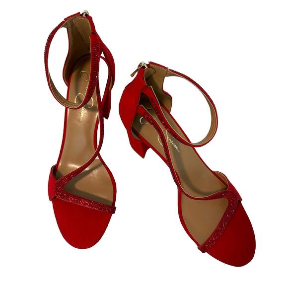Jessica Simpson Red Suede Block Heel Sequin Strap Sandals Zipper Back Size 10 - Picture 4 of 10